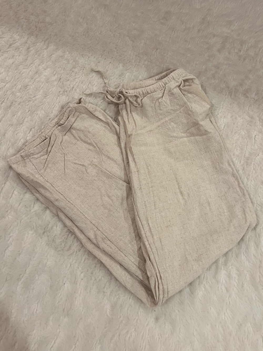 H&M Light Beige Drawstring Linen-Blend Pants